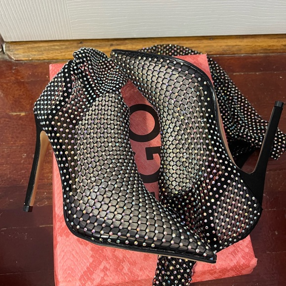 Ego Official Multi Colour Diamanté Fishnet Over The Knee Thigh High Black Boots - Picture 7 of 10